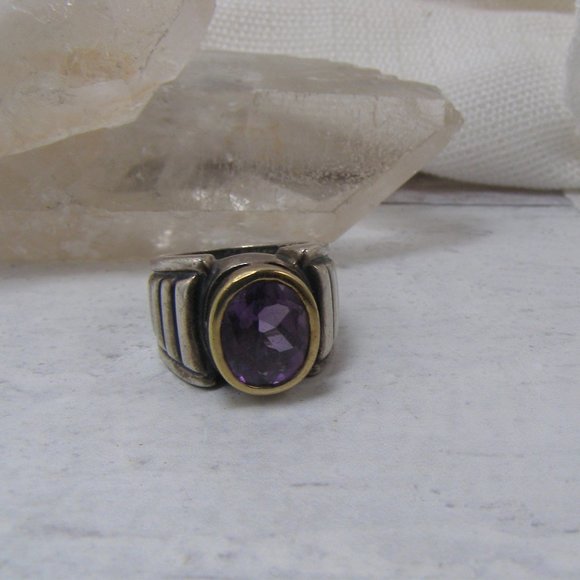 Sterling Silver 14K Gold Lagos Caviar Amethyst Bold Statement Ring 5.5 - Picture 2 of 7